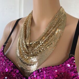 Vtg 60s rare OROMESH gold chain mail mesh bib necklace disco 🪩 era